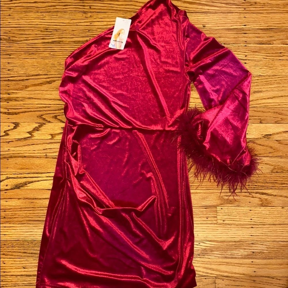 Elegant Red One-Shoulder Dress with Feather Trim nwt
